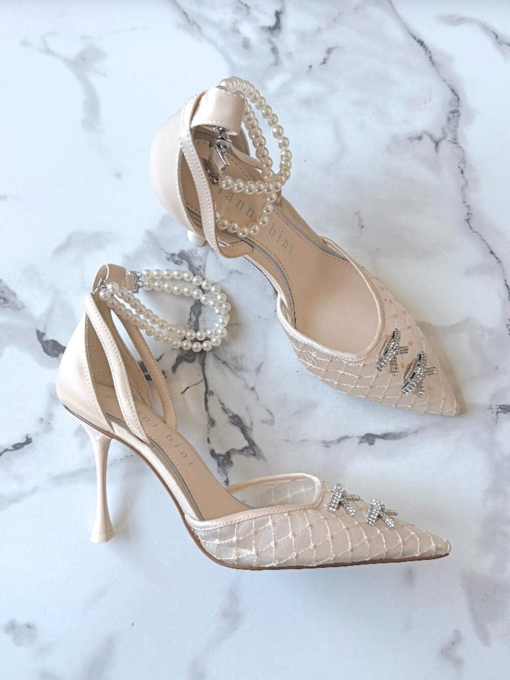 Gianni Bini Trischa Ivory Mesh Pearl Rhinestone Bow Pumps